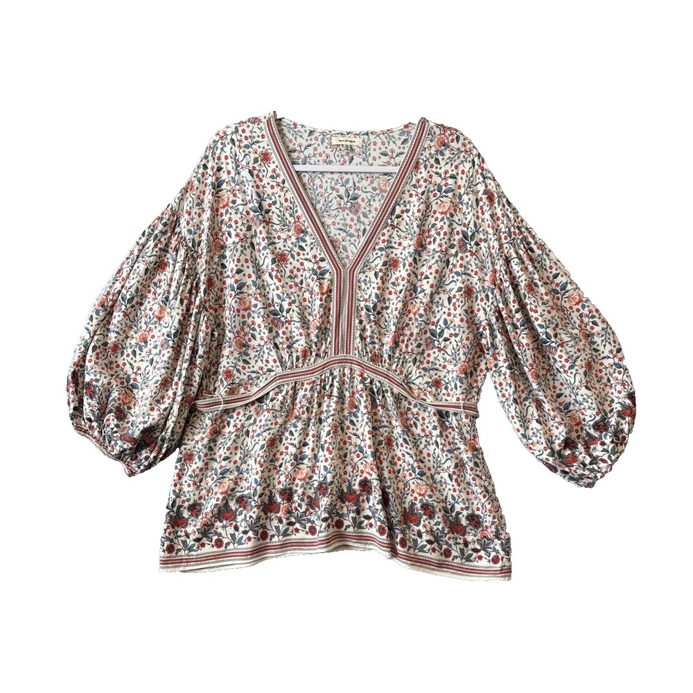 Max Studio Blouse XL Floral Rayon Balloon Sleeve  V Neck Tie Waist Cottagecore